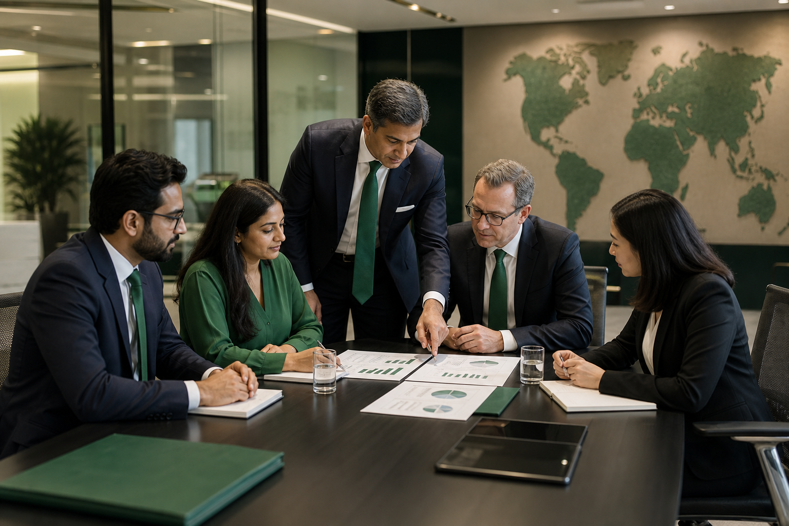 Global financial advisory professionals collaborating in a modern office